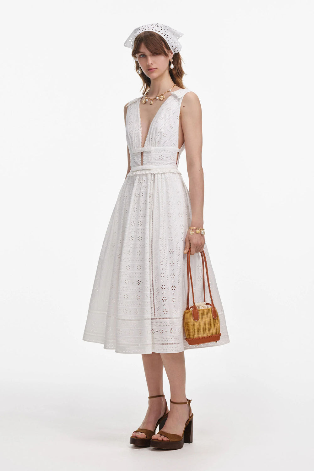 White Cotton Embroidery Midi Dress
