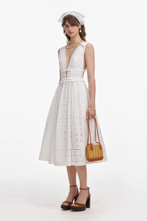 White Cotton Embroidery Midi Dress