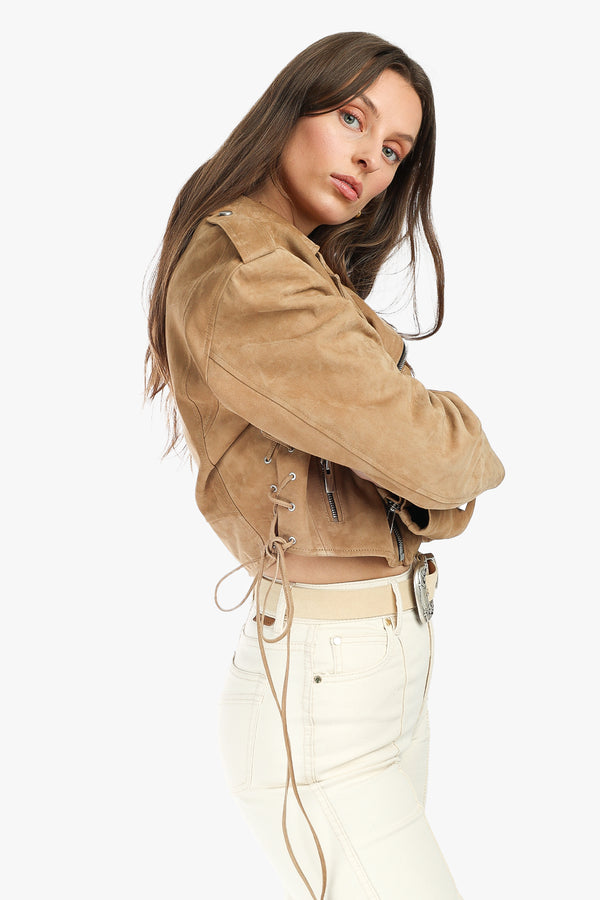 Cropped Suede Leather Biker Jacket 09
