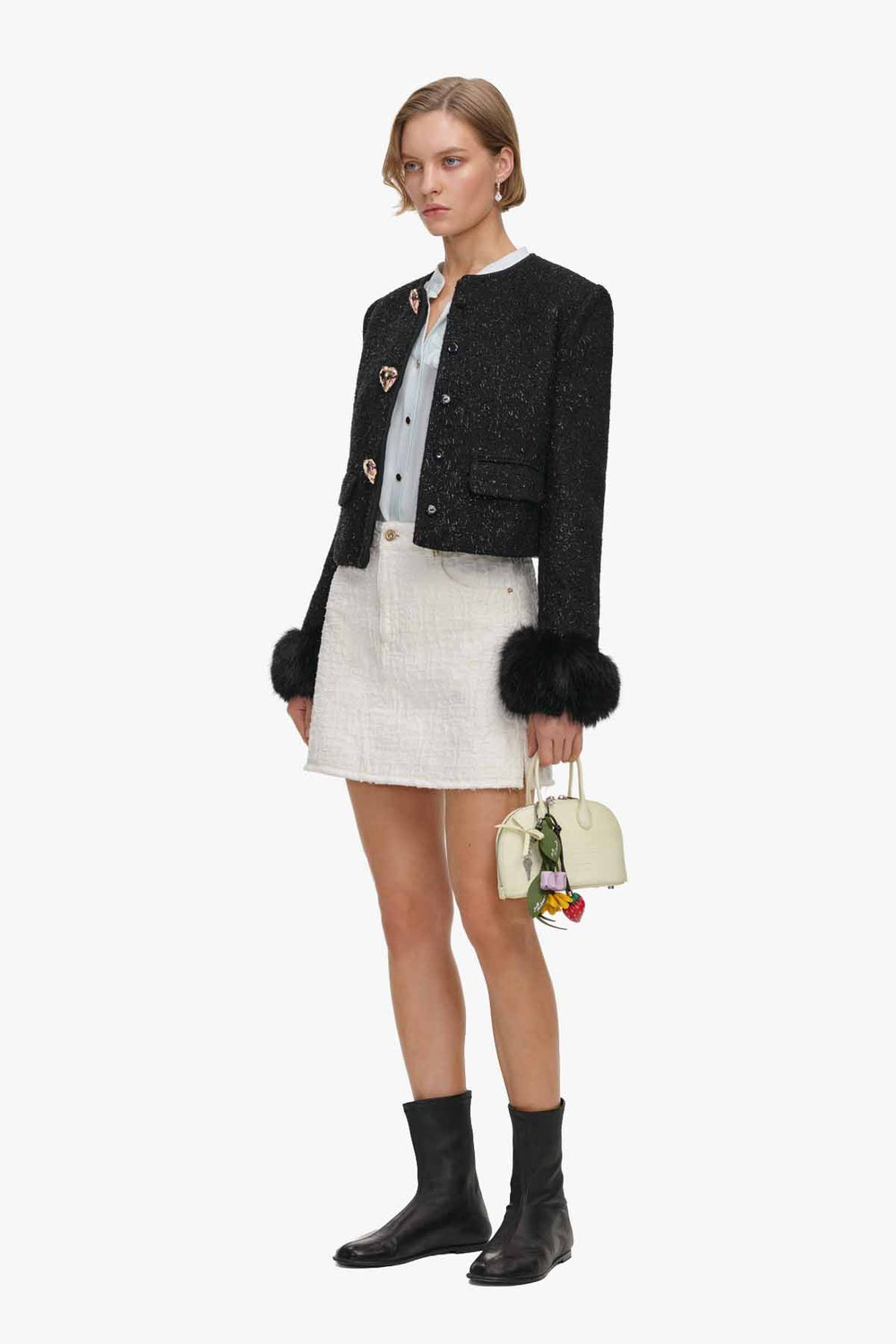 Black Metallic Boucle Fur Cuff Jacket