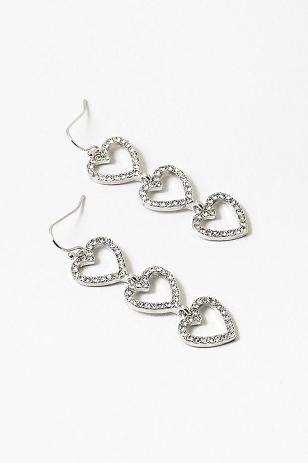 Triple Silver and Crystal Hearts Drop Earrings