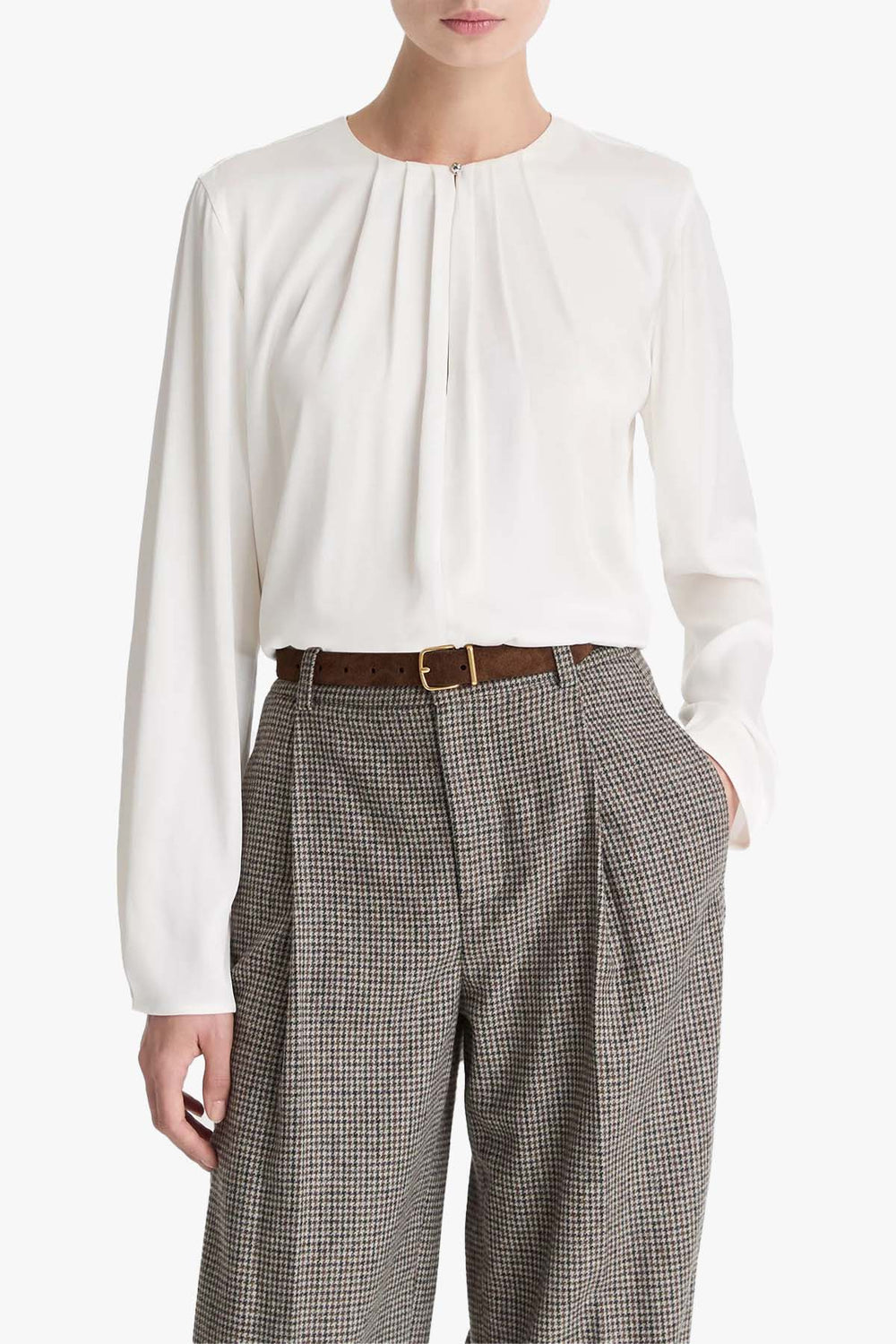 Pleated Neck Long Sleeve Blouse