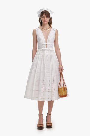 White Cotton Embroidery Midi Dress