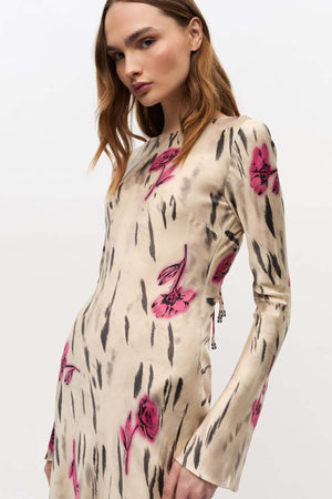 Printed Stretch Satin Long Sleeve Maxi Dress