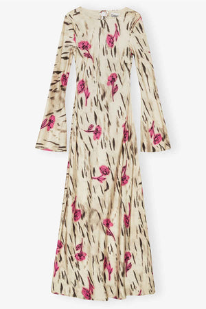 Printed Stretch Satin Long Sleeve Maxi Dress