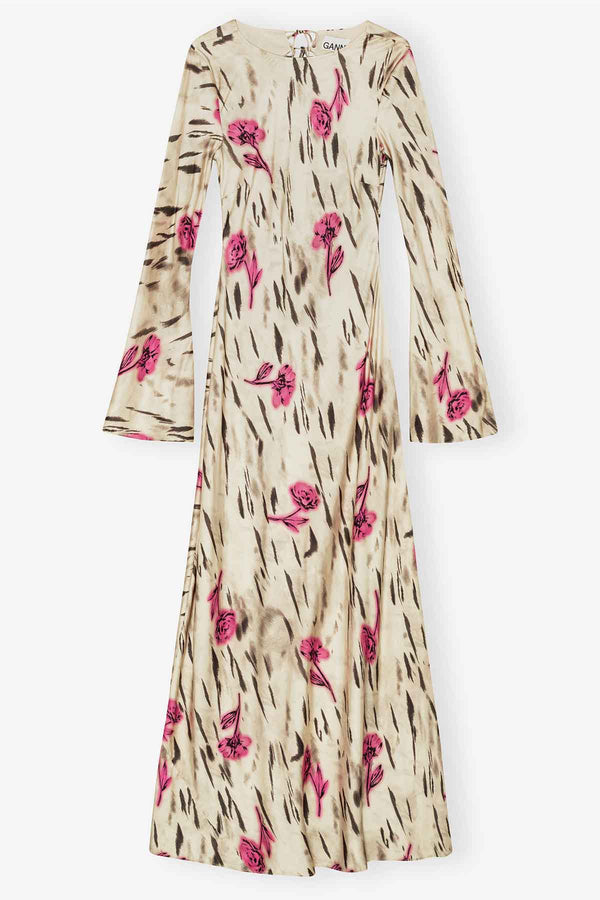 Printed Stretch Satin Long Sleeve Maxi Dress