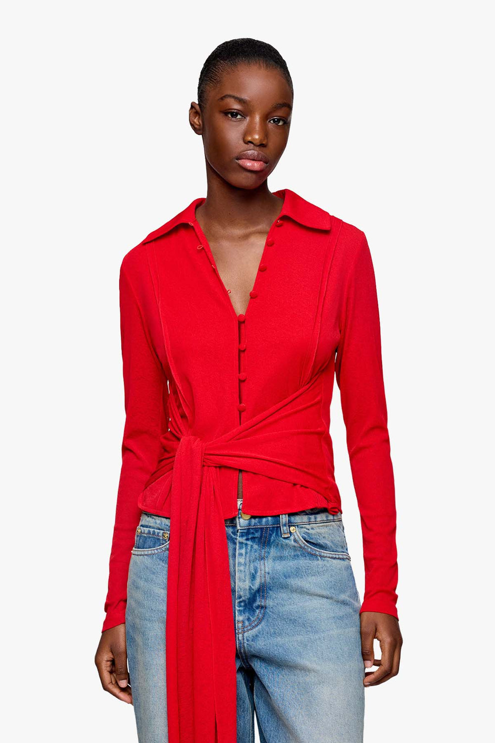 Marl Mesh Longsleeve Tie Blouse