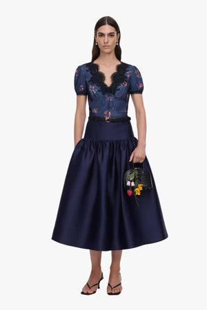 Navy Taffeta Midi Skirt
