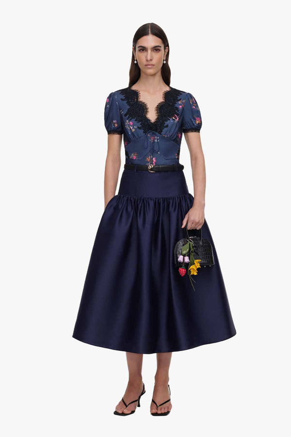 Navy Taffeta Midi Skirt