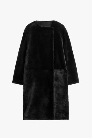 Collarless Shearling Coat