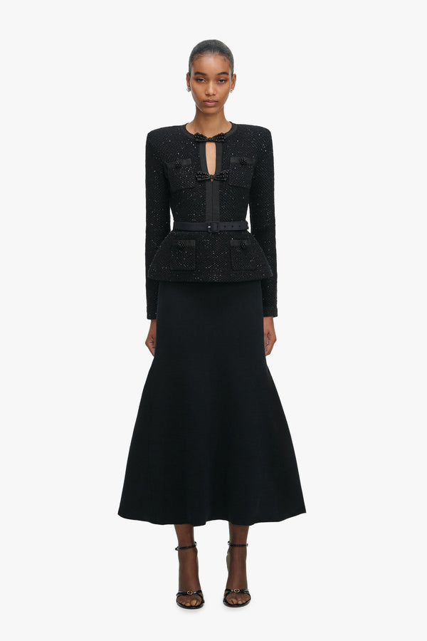 Black Sequin Knit Tailored Midi Dress