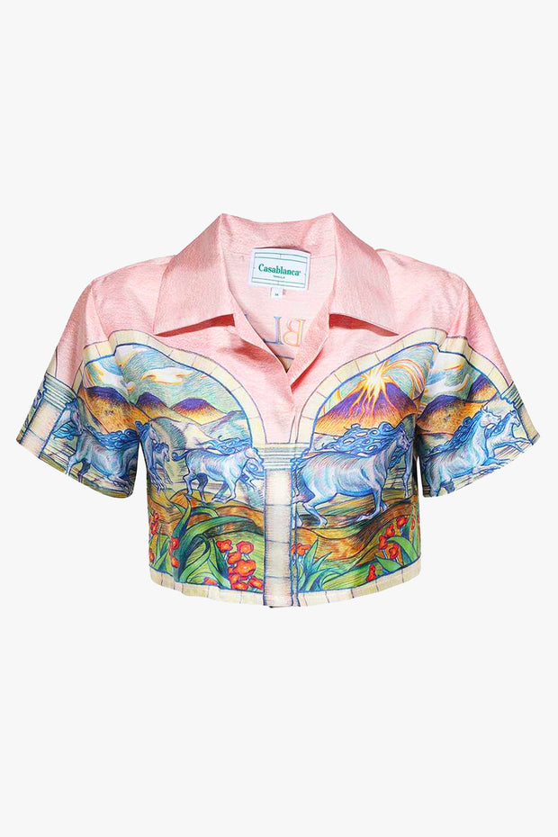 Cuban Collar Cropped Silk Short Sleeve Shirt