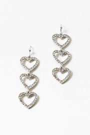 Triple Silver and Crystal Hearts Drop Earrings