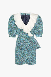 Floral Print Silk Mini Dress Volant Collar